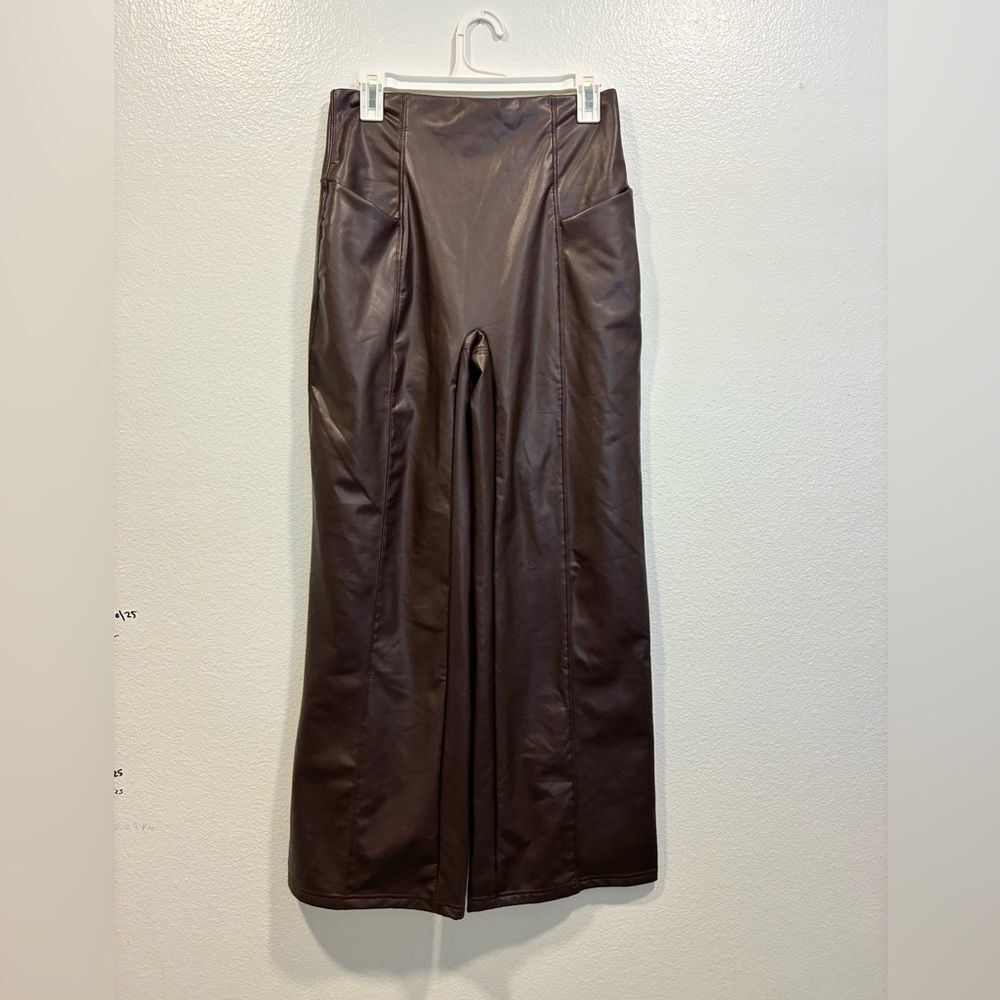 HALARA Women's Wide Leg Brown faux Leather Pants